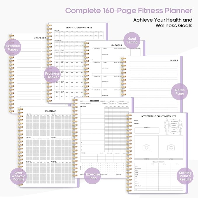 Fitness Workout Journal for Women & Men, A5(5.5" x 8.5") Workout Log Book Planner for Tracking, Progress, and Achieving Your Wellness Goals-Lavender
