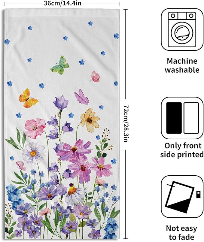 Spring Wildflower Kitchen Towels 14"x28" Set of 2 Watercolor Floral Hand Bath Towel Spring Summer Seasonal Soft Absorbent Fingertip Towel for Bathroom Shower Hotel Gym
