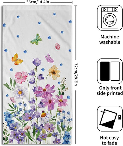Spring Wildflower Kitchen Towels 14"x28" Set of 2 Watercolor Floral Hand Bath Towel Spring Summer Seasonal Soft Absorbent Fingertip Towel for Bathroom Shower Hotel Gym