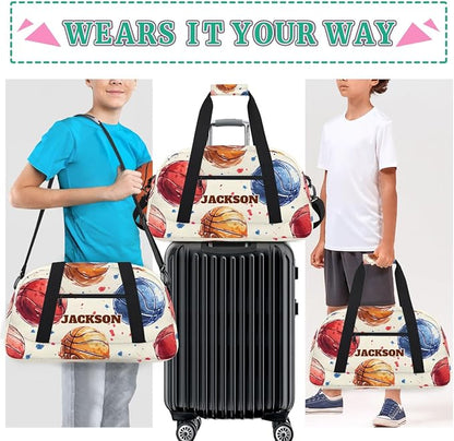Personalized Basketball Gym Duffel Bags for Kids Boys, Custom Name Sport Training Travel Bags for Overnight Weekender, Beige