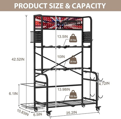 Home Gym Storage Rack with Wheels, Dual-Row & Heavy-Duty Dumbbell Rack and Yoga Mat Storage, Space-Saving Vertical Gym Equipment Storage Stand for Home Gym Accessories