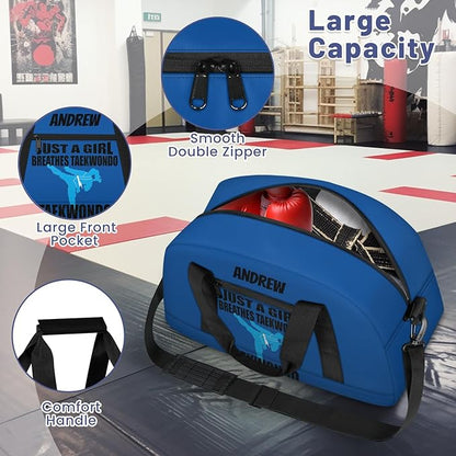 Custom Name Taekwondo Karate Duffle Bag for kids Girls - Personalized Martial Arts Gear Bag, Water-Resistant Sparring Equipment Bag, Taekwonbo Blue