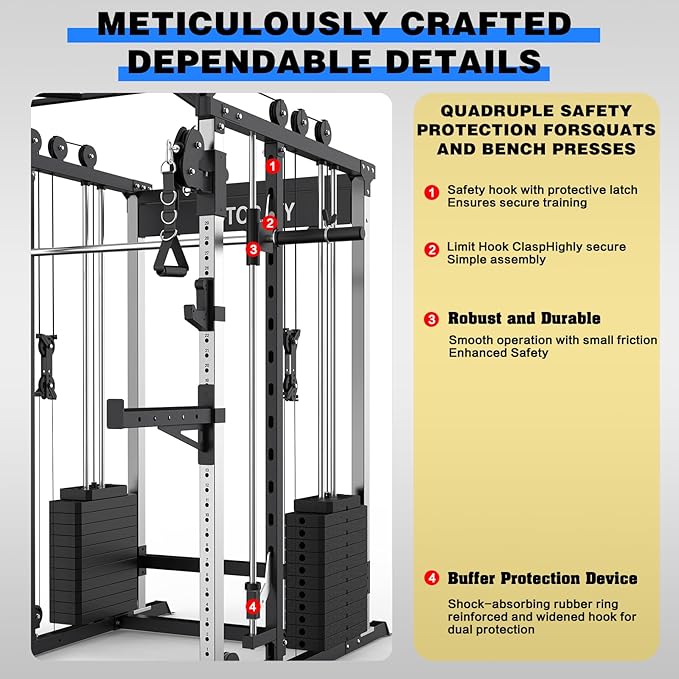 Smith Machine Strength Training Squat Rack with Smith Bar, Power Cage with LAT Pull-Down Systems, Cable Crossover Machine for Home Gym