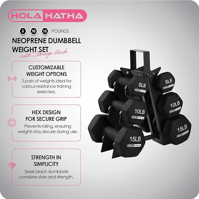 HolaHatha 2, 3, 5, 8, and 10 Pound Neoprene Dumbbell Free Hand Weight Set with Rack, Ideal for Home Exercises to Gain Tone and Definition, Pastel