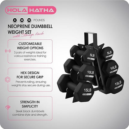 HolaHatha 2, 3, 5, 8, and 10 Pound Neoprene Dumbbell Free Hand Weight Set with Rack, Ideal for Home Exercises to Gain Tone and Definition, Pastel
