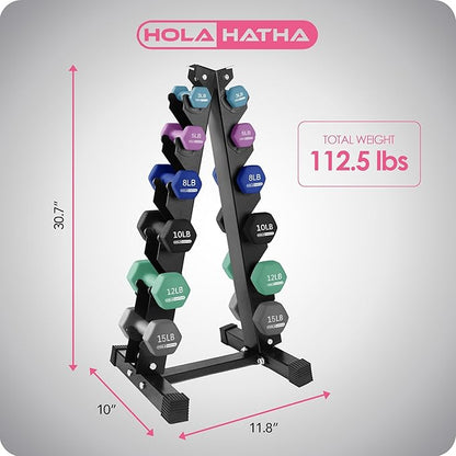 HolaHatha 2, 3, 5, 8, and 10 Pound Neoprene Dumbbell Free Hand Weight Set with Rack, Ideal for Home Exercises to Gain Tone and Definition, Pastel