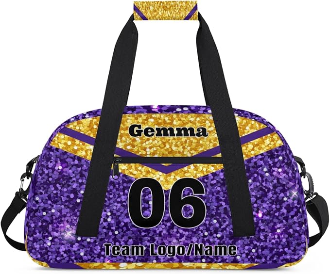 Personalized Cheerleaders' Bag with Team Number - Customized Travel Duffle Bag for Girls, Kids - Gold Purple Sequins Glitter