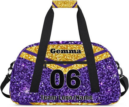 Personalized Cheerleaders' Bag with Team Number - Customized Travel Duffle Bag for Girls, Kids - Gold Purple Sequins Glitter