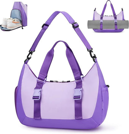 WOOMADA Gym Bag for Women with Yoga Mat Holder, Yoga Duffle Bag with Shoe Compartment, Multi-Purpose Travel, Workout, Dance, Sports Bag(Purple)