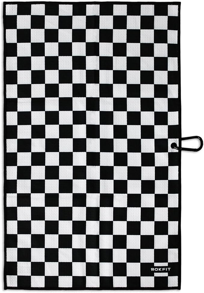 RokFit Gym & Golf Towel – Multi-Use, Quick-Dry, Durable Utility Towel with Bold Graphic and Carabiner Clip (Checker)