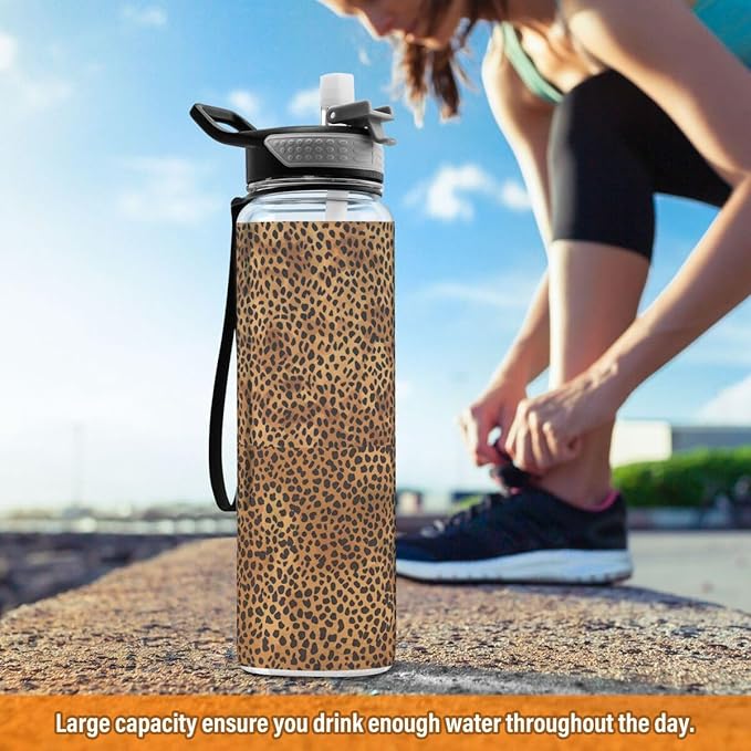 ALAZA Brown Leopard Print Hipster Sports Water Bottle with Straw Tritan Drink Bottle 32 oz BPA Free Reusable for Travel Outdoor Fitness