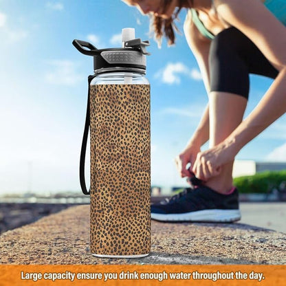 ALAZA Brown Leopard Print Hipster Sports Water Bottle with Straw Tritan Drink Bottle 32 oz BPA Free Reusable for Travel Outdoor Fitness