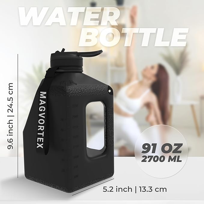 Magvortex Water Bottle 91oz, 2.7 liters, BPA-Free Plastic, Magnetic Phone Holder, Wide Mouth, Leakproof Flip-Top Lid, Large Daily Intake Chug Bottle for Hydration, Gym, Hiking & Daily Use