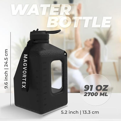 Magvortex Water Bottle 91oz, 2.7 liters, BPA-Free Plastic, Magnetic Phone Holder, Wide Mouth, Leakproof Flip-Top Lid, Large Daily Intake Chug Bottle for Hydration, Gym, Hiking & Daily Use
