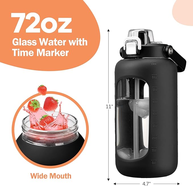 72oz Glass Water Bolttles, 3-in-1 Straw and Sip Spout Handle Lid, Half Gallon Water Bottle with Time Marker and Silicone Sleeve, BPA-Free Sports Water Bottle for Gym, School, Black