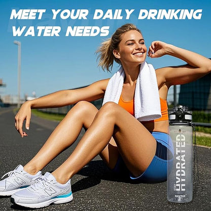Water Bottle, 32 oz Sports Water Bottles with Time Marker Wide Mouth, Motivational and Leakproof Drink Bottle, BPA Free Tritan with Carry Strap for Gym Fitness Outdoor(1 Bottle)