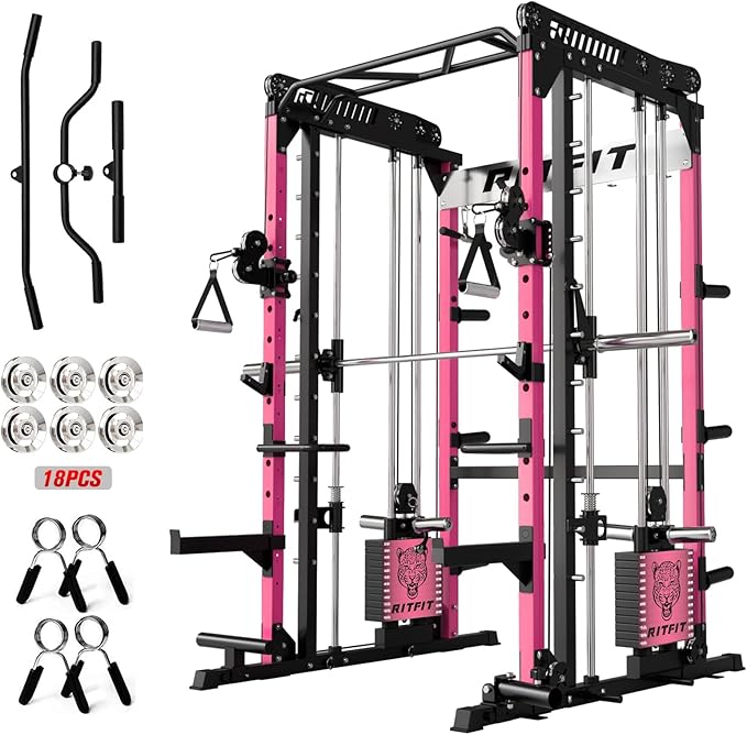 RitFit M1 Pro Smith Machine Package, All-in-One Power Cage with Weight Stack Set, Includes LAT Pulldown & Cable Crossover System for Home Gym