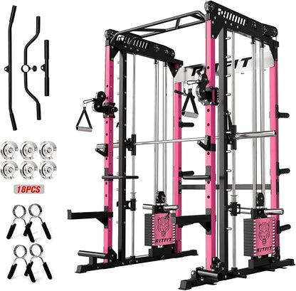RitFit M1 Pro Smith Machine Package, All-in-One Power Cage with Weight Stack Set, Includes LAT Pulldown & Cable Crossover System for Home Gym