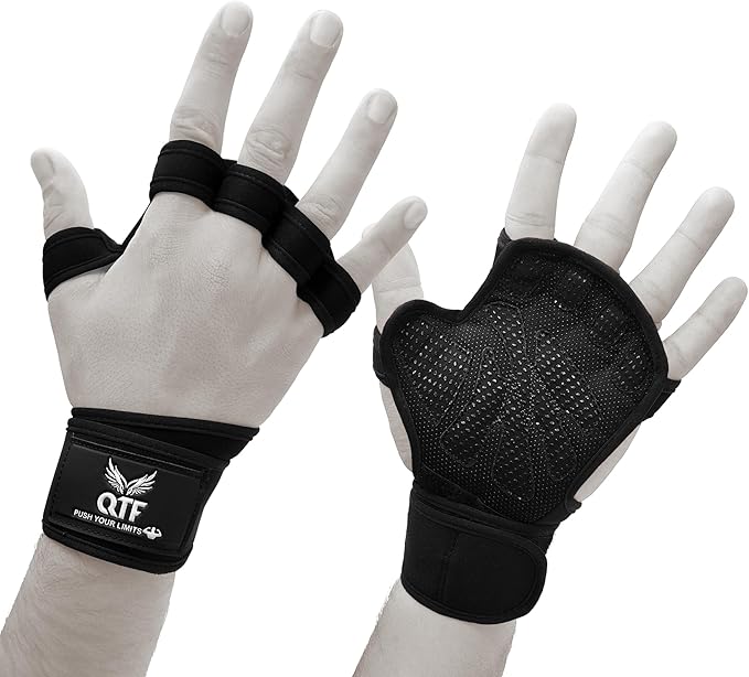 QTF Ventilated Weight Lifting Gloves for Men & Women Workout Gym Fitness Extra Grip with Wrist Support Wrap Cross fit Pull-ups Barbell Training Sports