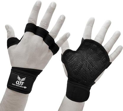 QTF Ventilated Weight Lifting Gloves for Men & Women Workout Gym Fitness Extra Grip with Wrist Support Wrap Cross fit Pull-ups Barbell Training Sports