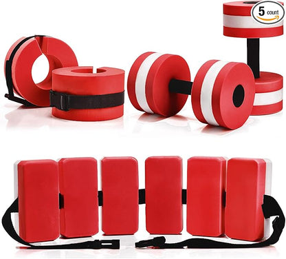 5 Pcs Pool Aquatic Exercise Set Including 2 Lightweight Water Dumbbells, 2 Ankle Swimming Weights, and Swim Belt Water Exercise Equipment for Aquatic Aerobics