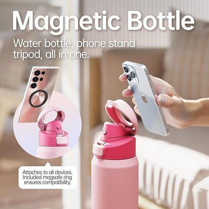 Insulated Magnetic Water Bottle - Reusable Stainless Steel Bottle with MagSafe Compatible Phone Holder - Keeps Cold for 24 Hours - Perfect for Gym, Sports, and Travel - Pink 32oz