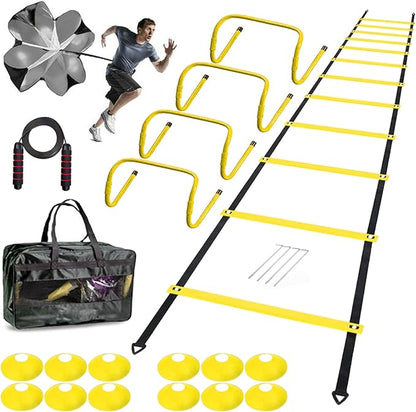 Agility Ladder Set 20ft, 4 Hurdles, 12 Soccer Cones, Jump Rope & Running Parachute - Speed Agility Training Equipment for Soccer Fitness Kids Youth Adults