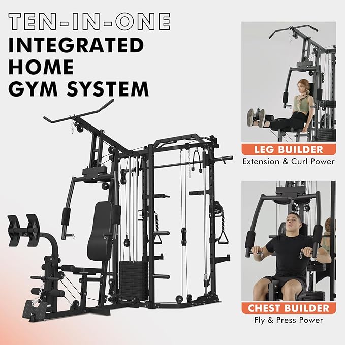 GMWD Dual-Station SmithΔ Machine Power Cage, All-in-One Home Gym Workout Station with 121LB Weight Stacks & Cable Crossover, Professional Functional Trainer for Couples & Family Strength Training
