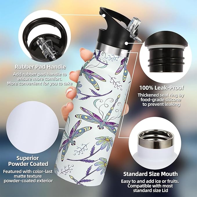 Dragonfly Sport Water Bottle with Straw, Vacuum Insulated Stainless Steel Thermal Drinking Travel Mug Cups For Gym Fitness Camping-20oz/600ml