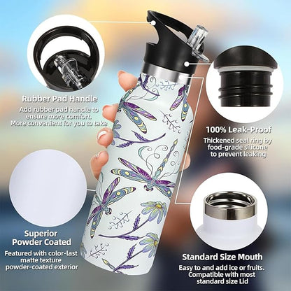 Dragonfly Sport Water Bottle with Straw, Vacuum Insulated Stainless Steel Thermal Drinking Travel Mug Cups For Gym Fitness Camping-20oz/600ml