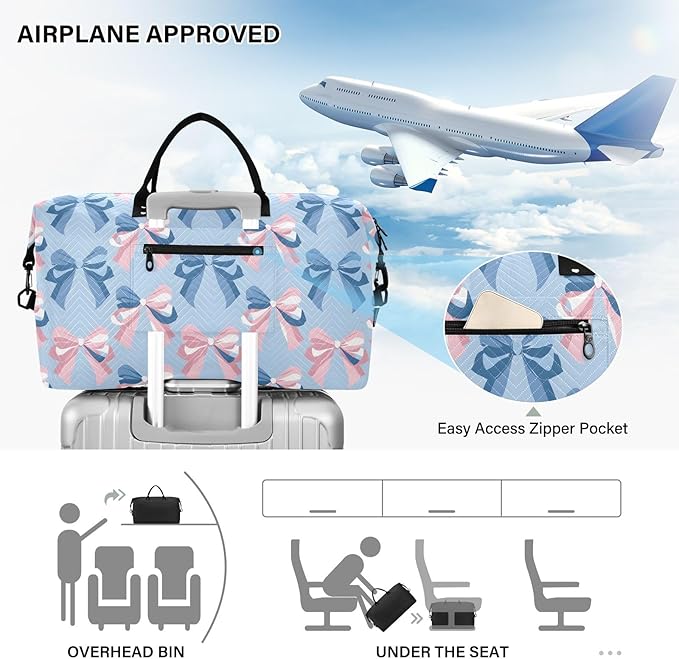 Weekender Bags Travel Duffel Gym Bag Carry on Overnight Tote Bag with Toiletry Bag for Airplane Travel Trip Gym Yoga (Ribbon Bow Sea)