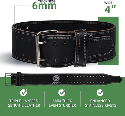 Weight lifting Belt (6mm Thick) - Genuine leather, offering back support. Double-pronged buckle, ideal for weightlifting, powerlifting, squats and deadlifts