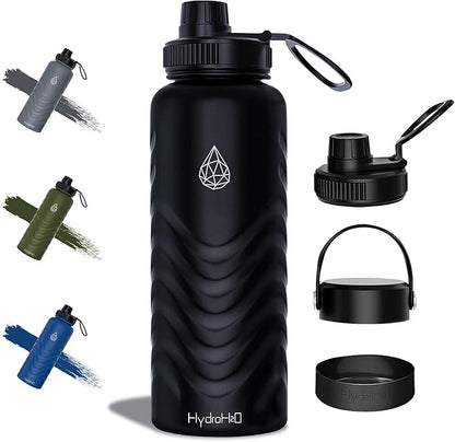 32oz Stainless Steel Insulated Water Bottle, 48H Cold & 24H Hot, Leak-Proof Wide Mouth Lids (Straw & Spout), BPA-Free Bottles, Mens Water Bottle for Gym, Hiking, Travel - Black