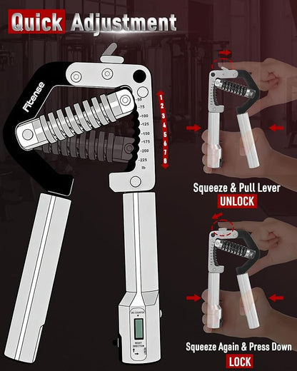 Grip Strength Trainer - Adjustable Hand Gripper Strengthener 8 Levels 50-225 lbs with Counter, Hand Grip Exerciser Wrist Strengtheners, Forearm, Finger & Hand Strength Training for Athletes, Climbers & Rehabilitation