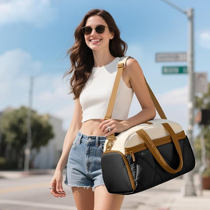Gym Bag for Women, Puffer Travel Duffle Bag With Shoes Compartment & Wet Pocket, Carry On Tote Bag For Weekender, Overnight, Sport duffel bags for traveling (Beige & Brown, Medium)