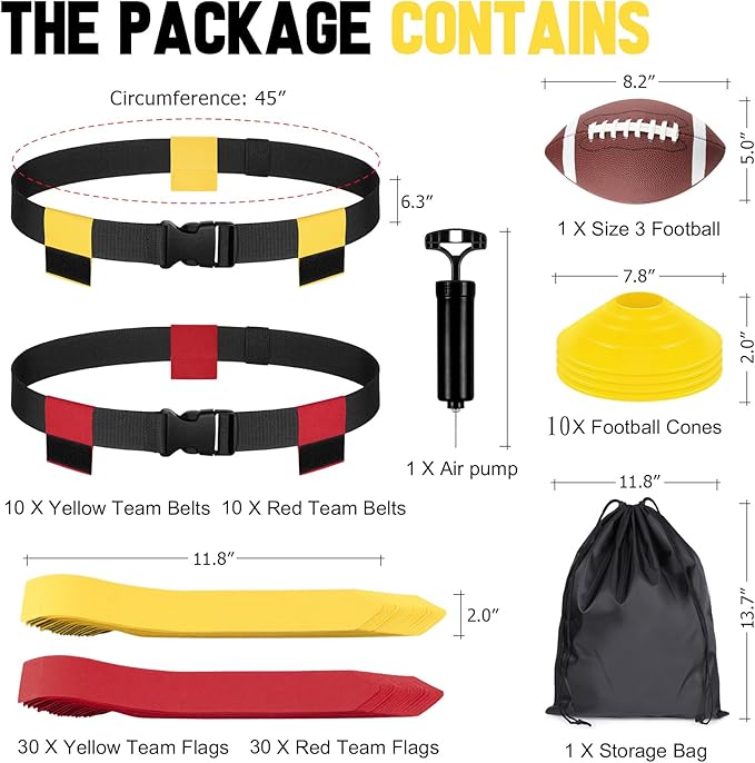 Flag Football Set - 14/20 Player Adjustable Belts with Cones, Football, Pump, Bag, for Youth and Adults Training