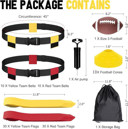 Flag Football Set - 14/20 Player Adjustable Belts with Cones, Football, Pump, Bag, for Youth and Adults Training