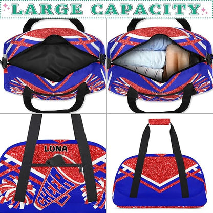 Custom Sports Gym Bag for Girls - Personalized Cheerleading, Dance, Gymnastics, Workout, Travel Overnight Duffel - Small Sleepover Bag, Red Glitters Royal Blue