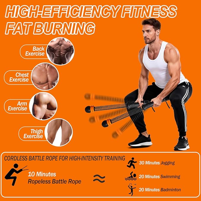 Portable Ropeless Battle Ropes - Adjustable Weights Cordless Battle Ropes for Home Gym with Training Poster & Storage Bag - Workout Exercise Battle Rope for Low-Impact Workout, HIIT & Cardio - Black