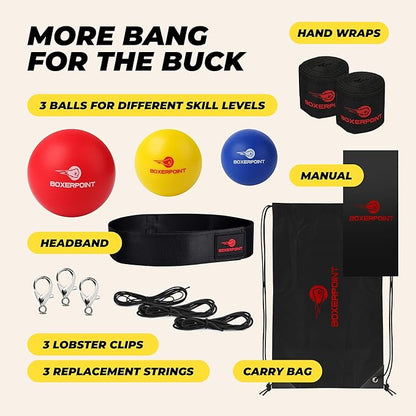 Boxing Reflex Ball for Adults and Kids - React Reflex Balls on String with Headband, Carry Bag and Hand Wraps - Improve Hand Eye Coordination, Punching Speed, Fight Reaction