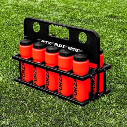 FORZA Team Sports Water Bottles | 25oz Capacity with Portable Carry Bag or Foldable Carrier - BPA-Free Plastic for Hydration on the Go (Foldable Carrier, Red)