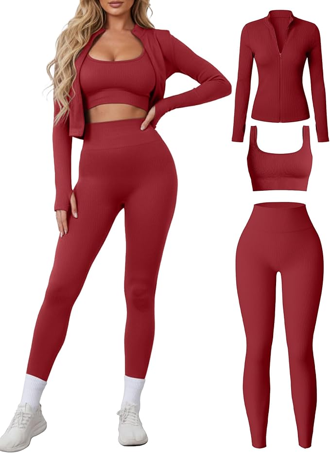 Women 3 Piece Seamless Workout Set Sports Bra High Waisted Gym Yoga Leggings Zip Up Jacket with Thumbhole Activewear