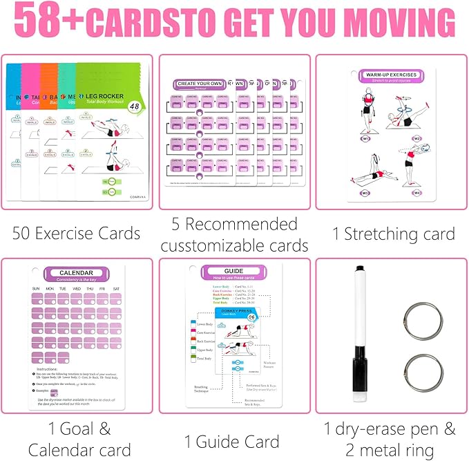 Pilates Ring Workouts for Women-58 Exercise Cards with Pilates Mat Workout Postures，ncludes 4-Week Challenge,2 Rings& Dry-Erase for Easy Organization-Home, Gym or Studio