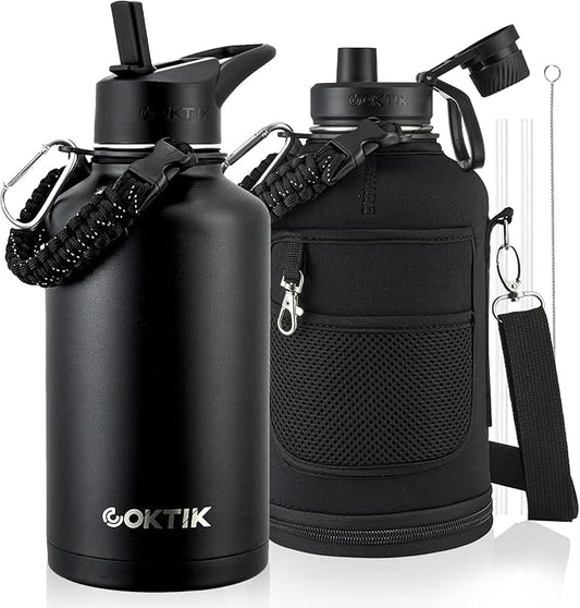 COKTIK 64oz Insulated Water Bottle - Stainless Steel Vacuum Metal, Portable ½ Gallon Large-Capacity Sports Bottle with Straw, Carry Bag and Handle Strap, Ideal for Gym & Hiking(Black)