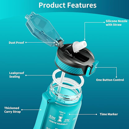 Water Bottle with Straw, 27oz Motivational Water Bottles with Time Marker to Drink, Tritan BPA Free, 750ml Sports Water Bottle with Carry Strap LeakProof for School Fitness Outdoor (1Pack)