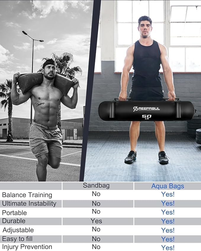 Aqua Bags for Workout 5-45lbs - Ultimate Core Water Weights Aqua Bag - Portable Stability Fitness -Stability, Core and Balance Training - Portable Fitness Equipment - Includes Three Bags