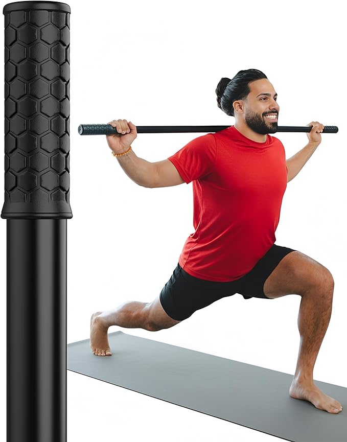 Yoga Stick - 5ft Bamboo Stretching Stick for Mobility with 20+ Video Tutorials - Posture Corrector, Stiffness Relief - Dowel Rod for Physical Therapy, Exercise Stick for Stretching with Non-Slip Grips
