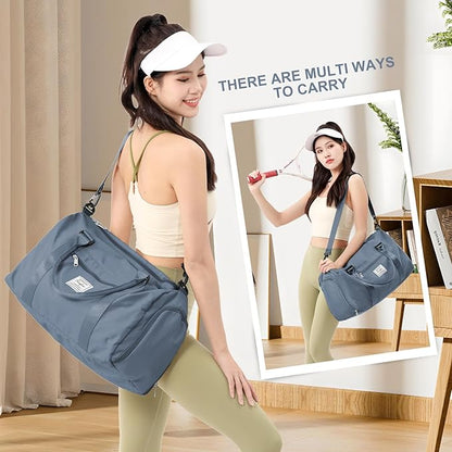 Gym Bag for Women with Shoes Compartment Small Duffel Bag Sport bag with Toiletry Bag Overnight Travel Tote Bags Weekender Carry on Bag Personal Item Bags for Airlines Grey Blue