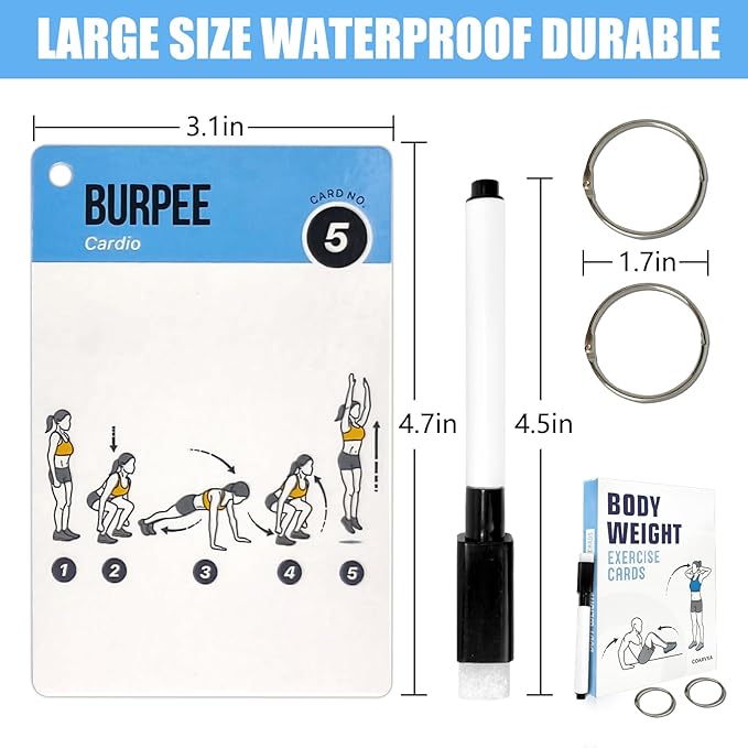 Bodyweight Workout Cards for Women & Men-50 Bodyweight Workout Cards，Includes 2 Rings& Dry-Erase for Easy Organization-Home, Gym or Studio (Bodyweight)