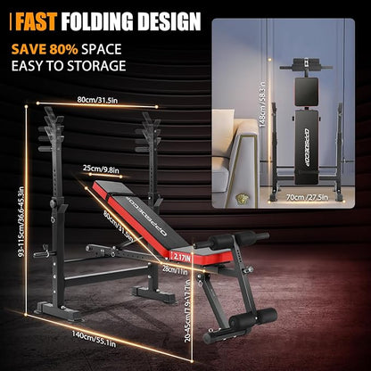 OPPSDECOR 6 in 1 900LBS Weight Bench with Leg Extension and Leg Curl, Foldable Bench Press Set and Squat Barbell Rack with Preacher Curl, Adjustable Workout Bench for Home Gym Strength Training PXZXYX1